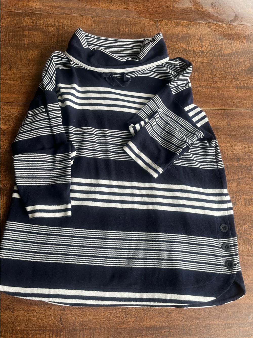 T by Talbots Striped Knit Top LP Navy White Button Front Cotton Blend Nautical